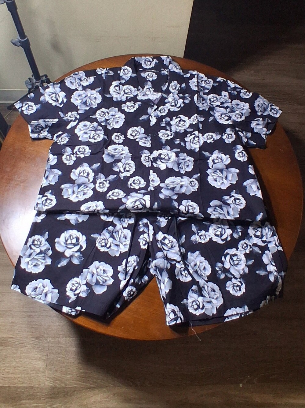 Black Floral Short-Sleeve Button-Up Shirt and Shorts Set